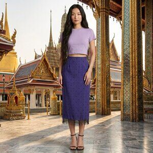 Catherine Royal Purple 100% Silk Flower Embroidery Midi Side Slip Skirt - Size M